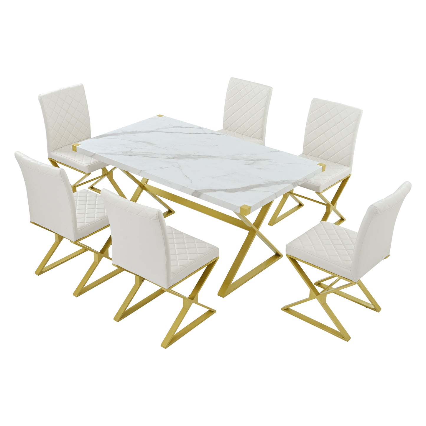 TREXM 7-Piece Modern Dining Table Set, Rectangular Marble Texture Kitchen Table and 6 PU leather Chairs with X-Shaped Gold Steel Pipe Legs for Dining Room (White)