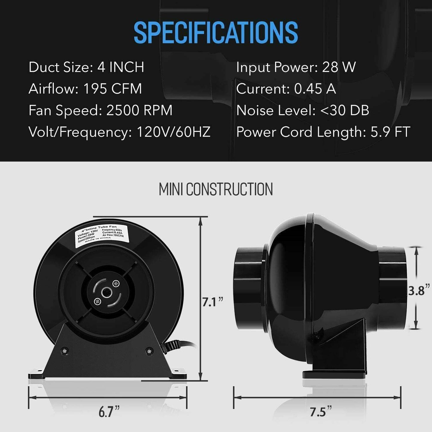 iPower 4 Inch 195 CFM Duct Inline Ventilation Fan Air Circulation Vent HVAC Exhaust Blower for Grow Tent, Greenhouses, Basements or Kitchens, Lite, Black