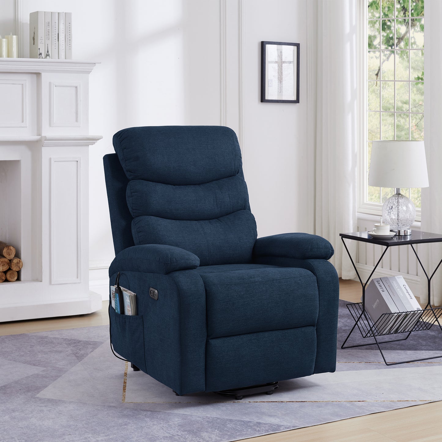 Electric Power Lift Recliner Chair Sofa with Heating, Massage, and USB Port in Soft Blue Fabric