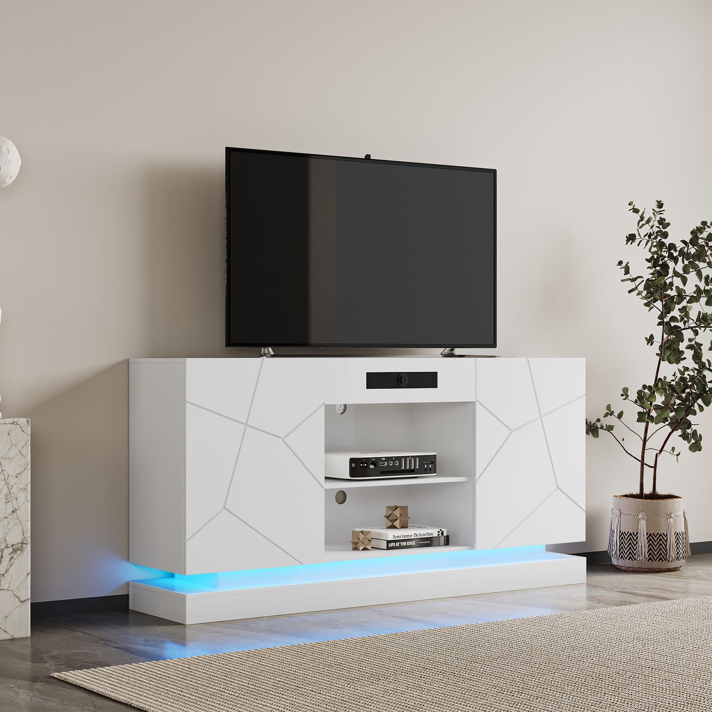 White TV Cabinet with Bluetooth Speaker and LED Lights, Modern Entertainment Stand with Storage Drawers