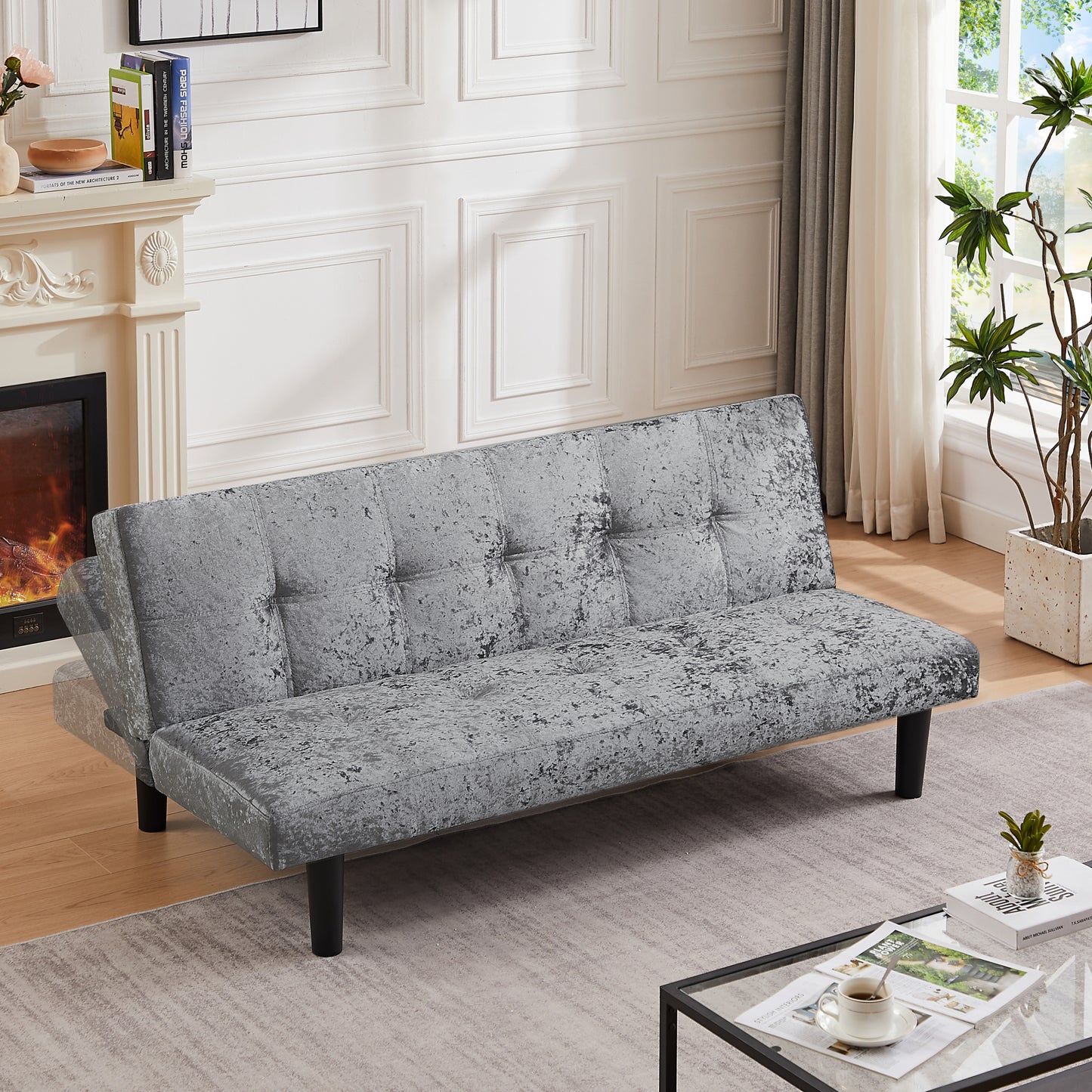 Modern sofa bed in iced velour, multi-position adjustable sofa bed, plastic feet