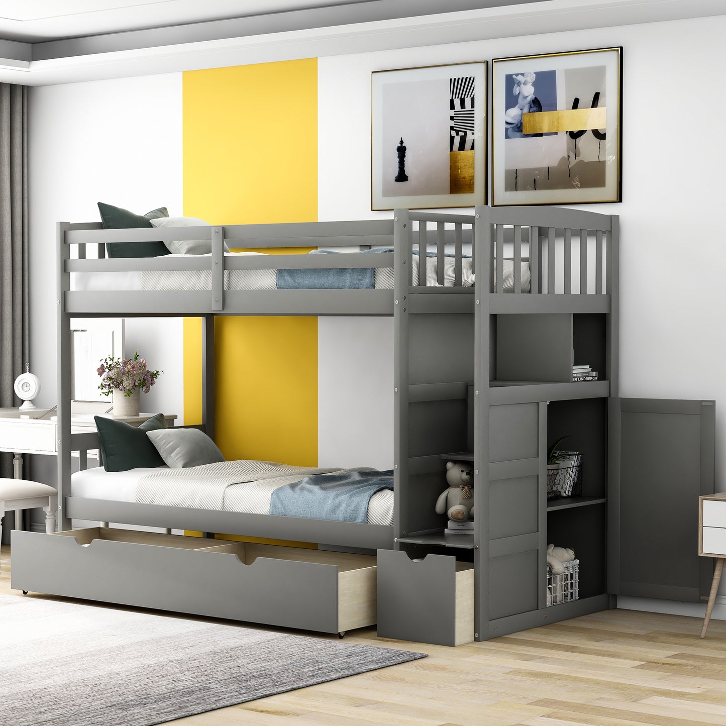 Storage Solution Gray Twin over Full Bunk Bed with Shelves and Drawers