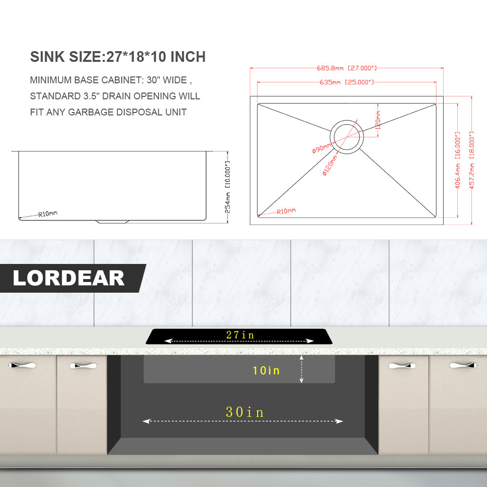 27 Inch Stainless Steel Undermount Kitchen Sink with X-Shaped Water Guide