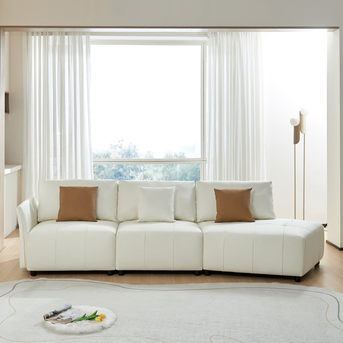 Modern Beige Leather Sectional Sofa with Chaise Lounge and Movable Pillows