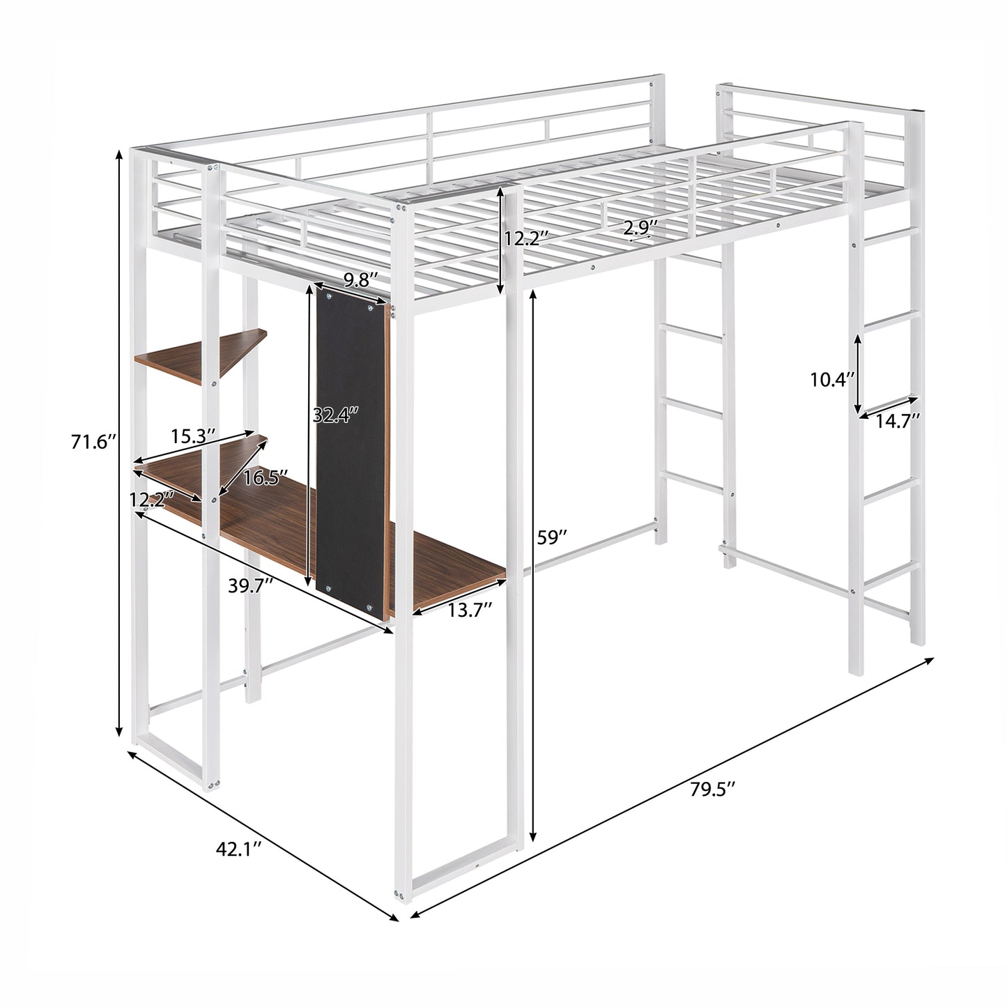 Twin Metal Loft Bed with 2 Shelves and one Desk ,WHITE(: MF281206AAK)