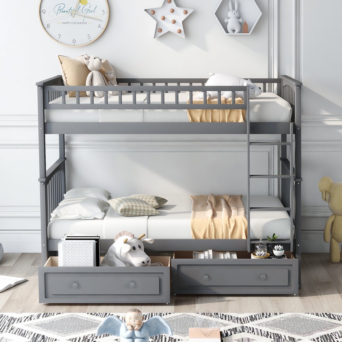 Convertible Gray Twin Bunk Bed with Storage Drawers