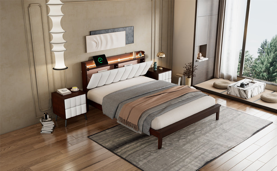 Queen size Platform Bed with USB Charging Station and Storage Upholstered Headboard,LED Bed Frame,No Box Spring Needed,Walnut+Beige