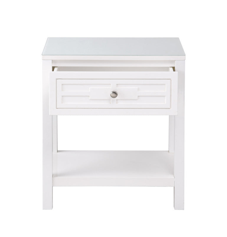 Dylan White Wooden End Side Table Nightstand with Glass Top and Drawer