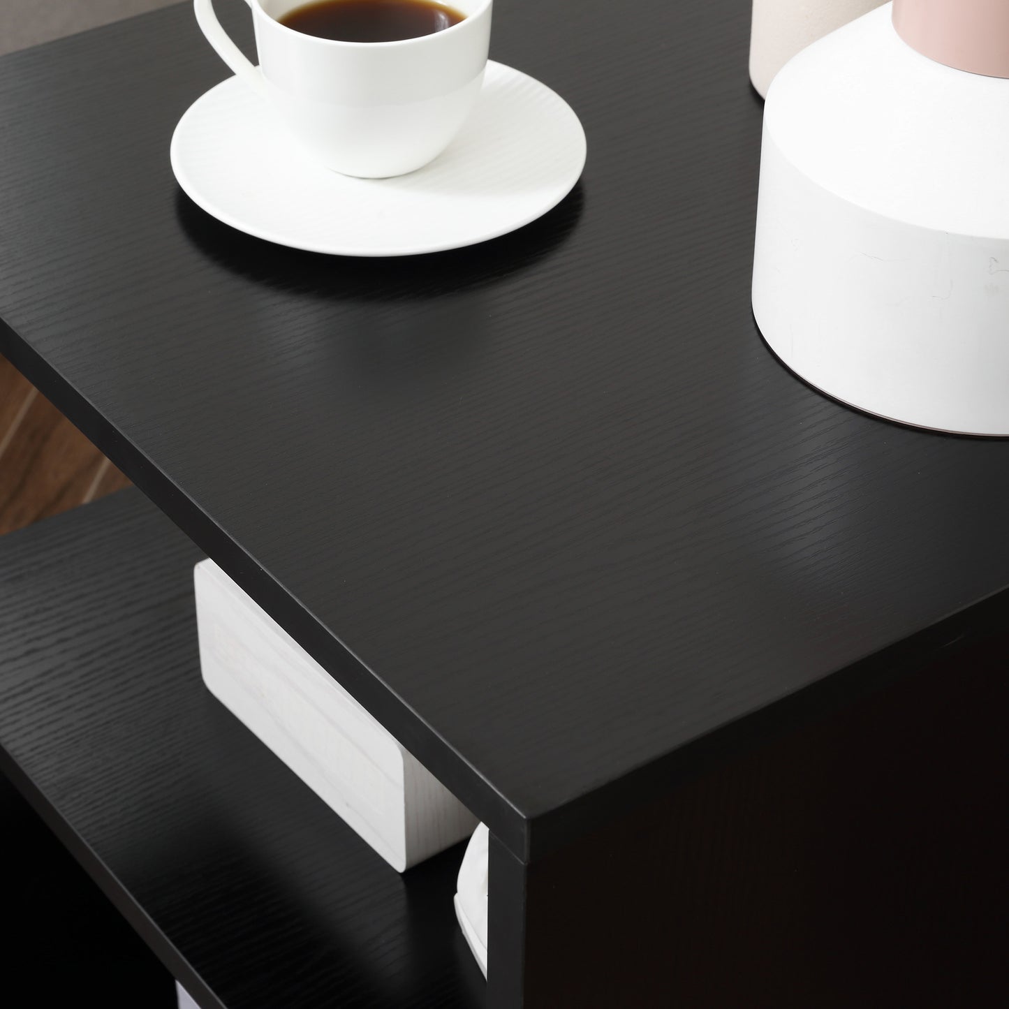 Black S-Shaped Modern Accent Table with Storage Shelf