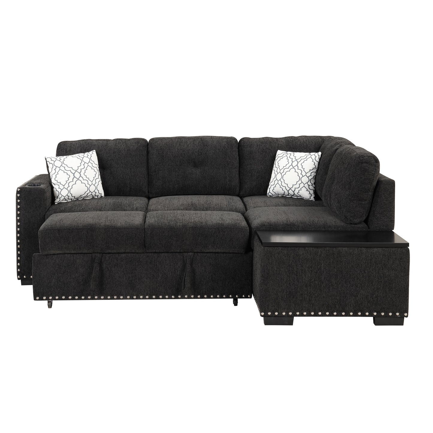 83.8 L-Shaped Reversible Sectional Sleeper Sofa with Cup Holder and USB Ports, Black