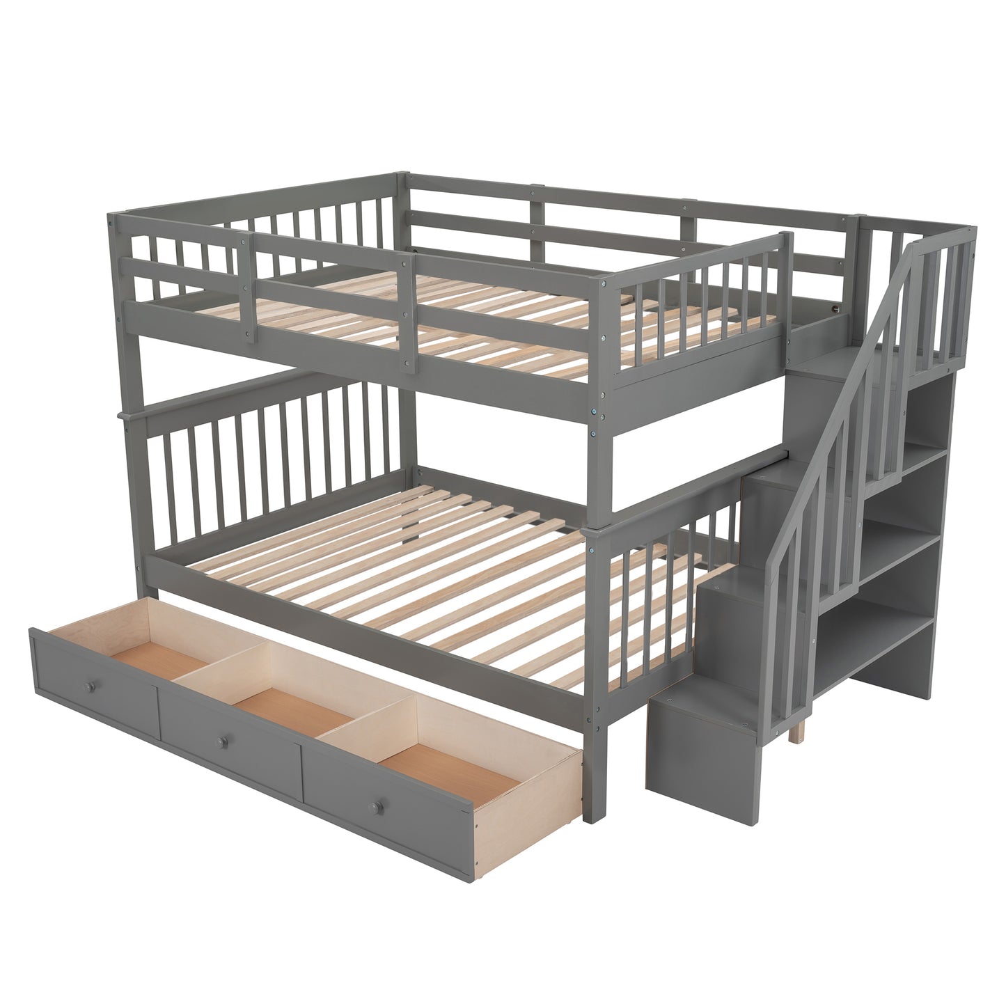 Gray Full-Over-Full Bunk Bed with Staircase, Drawer, and Storage