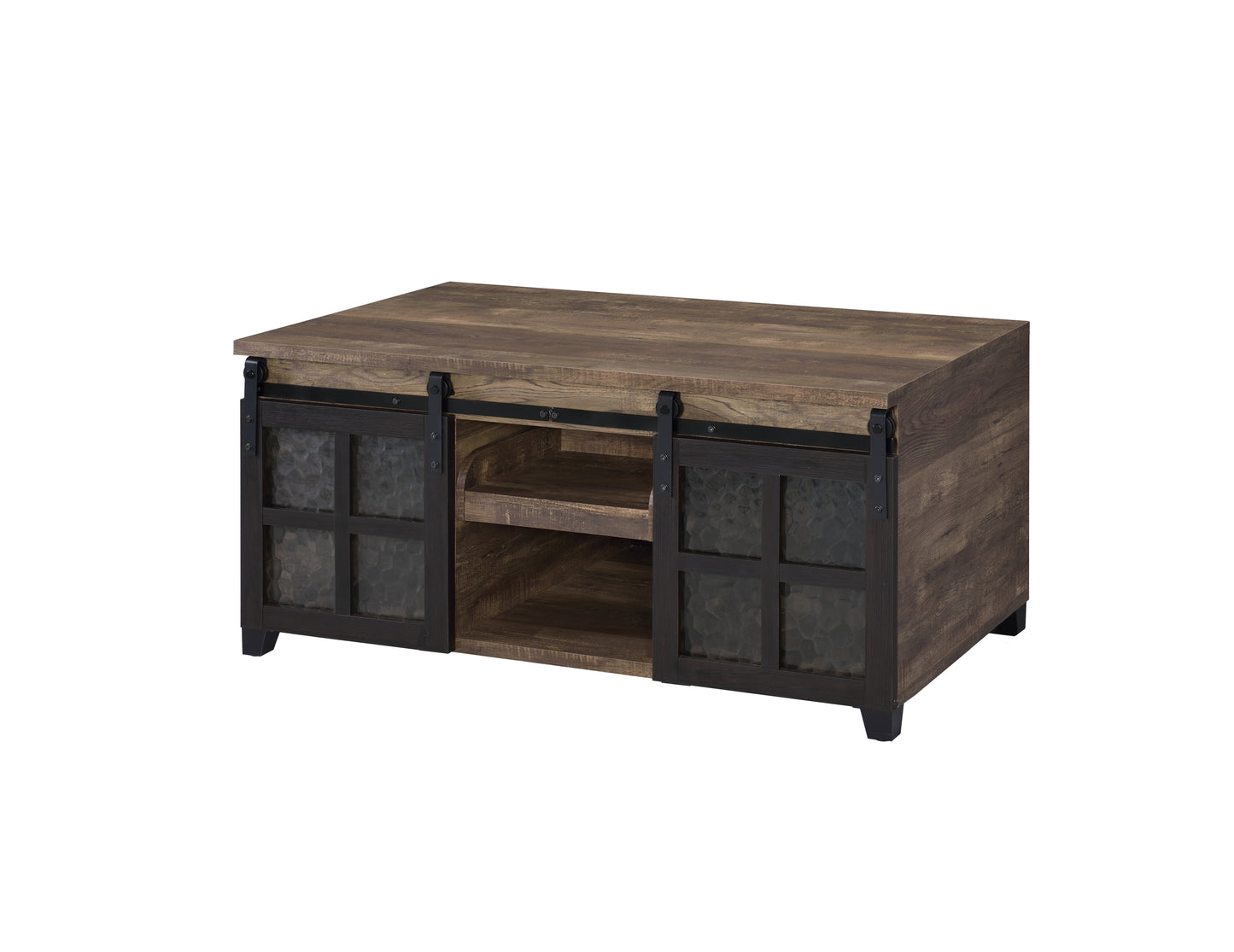 Rustic Oak Coffee Table with Obscure Glass and Black Metal Accent