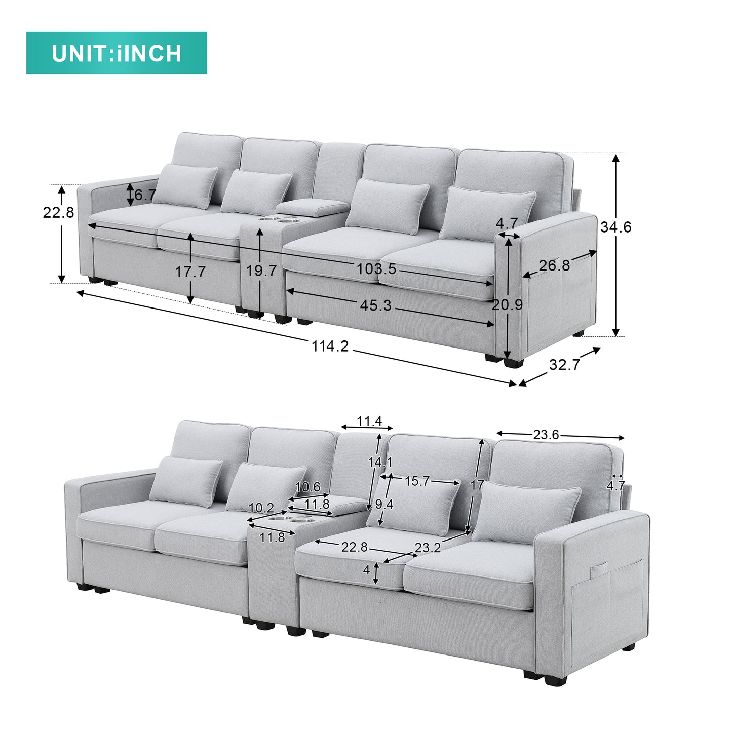 Modern 4-Seat Upholstered Sofa with Console and USB Ports