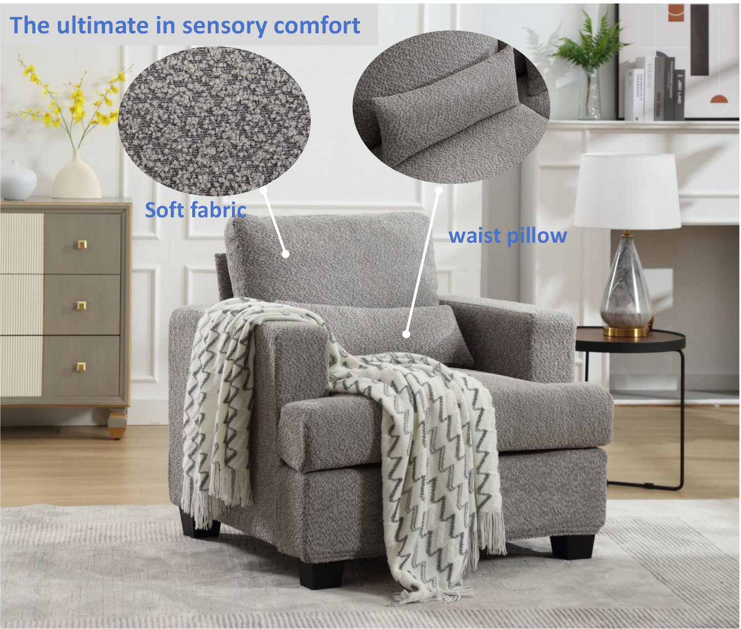 Elegant White and Gray Modern Chair for Living Room or Sofas, with Square Armrest and Removable Back Cushion