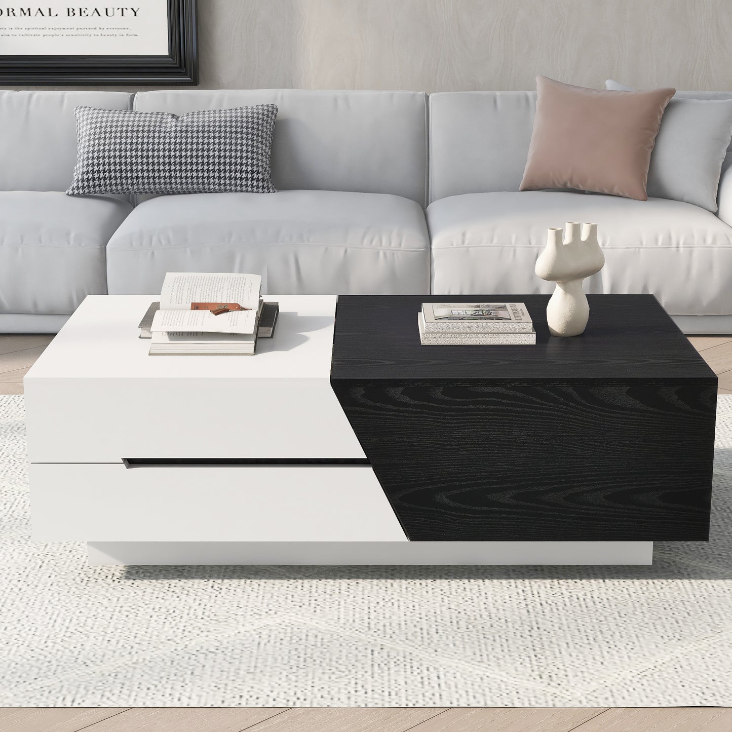 Sleek White and Black Sliding Top Coffee Table with Storage