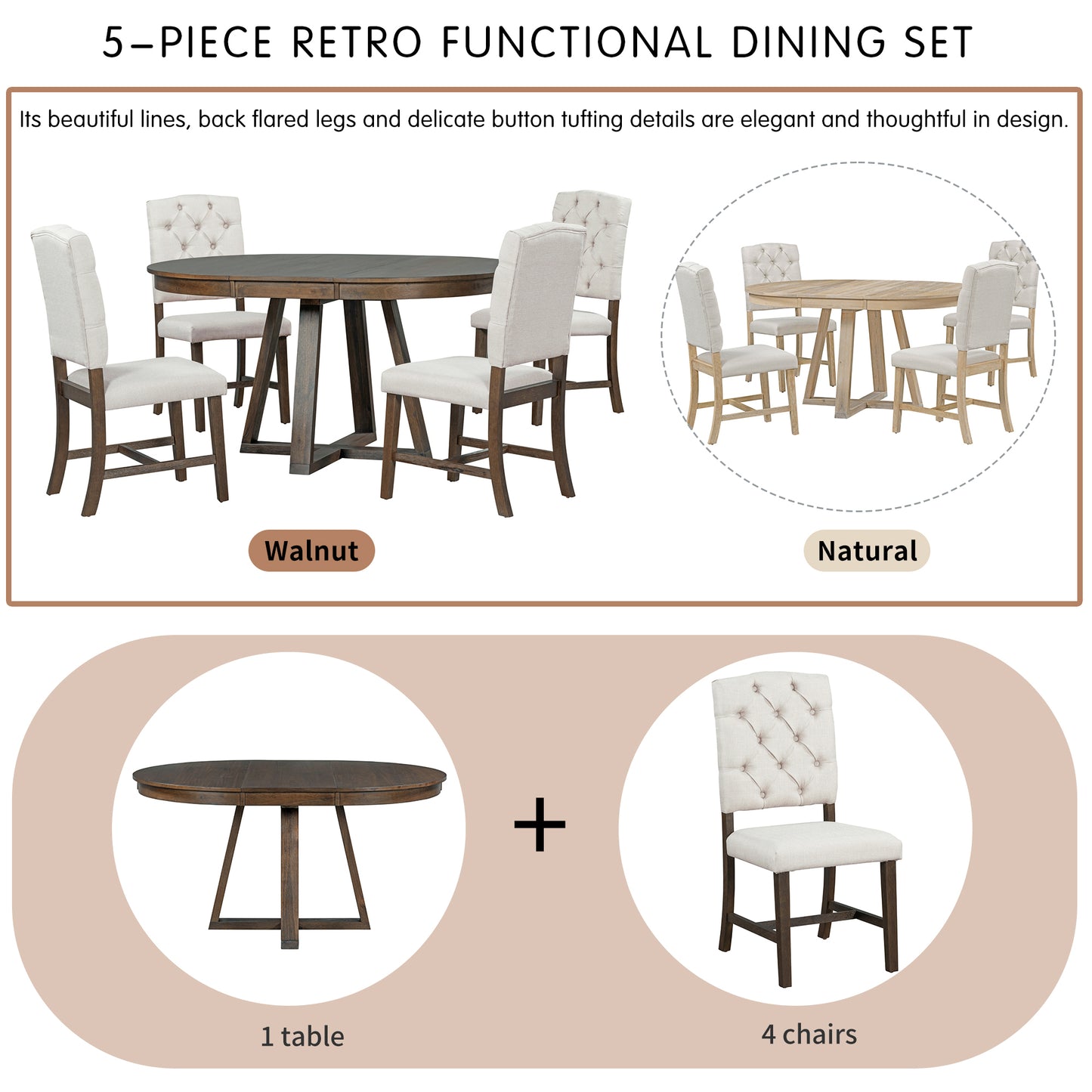 TREXM 5-Piece Retro Functional Dining Set, Round Table with a 16"W Leaf and 4 Upholstered Chairs for Dining Room and Living Room (Walnut)