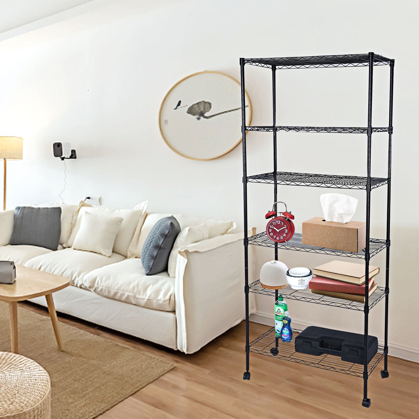 Heavy Duty 6-Shelf Shelving with Wheels, with Hanging Hooks, Wire Shelving, Adjustable Storage Units, 17'' D x 11'' W x 63'' H, 6 Tier, Black