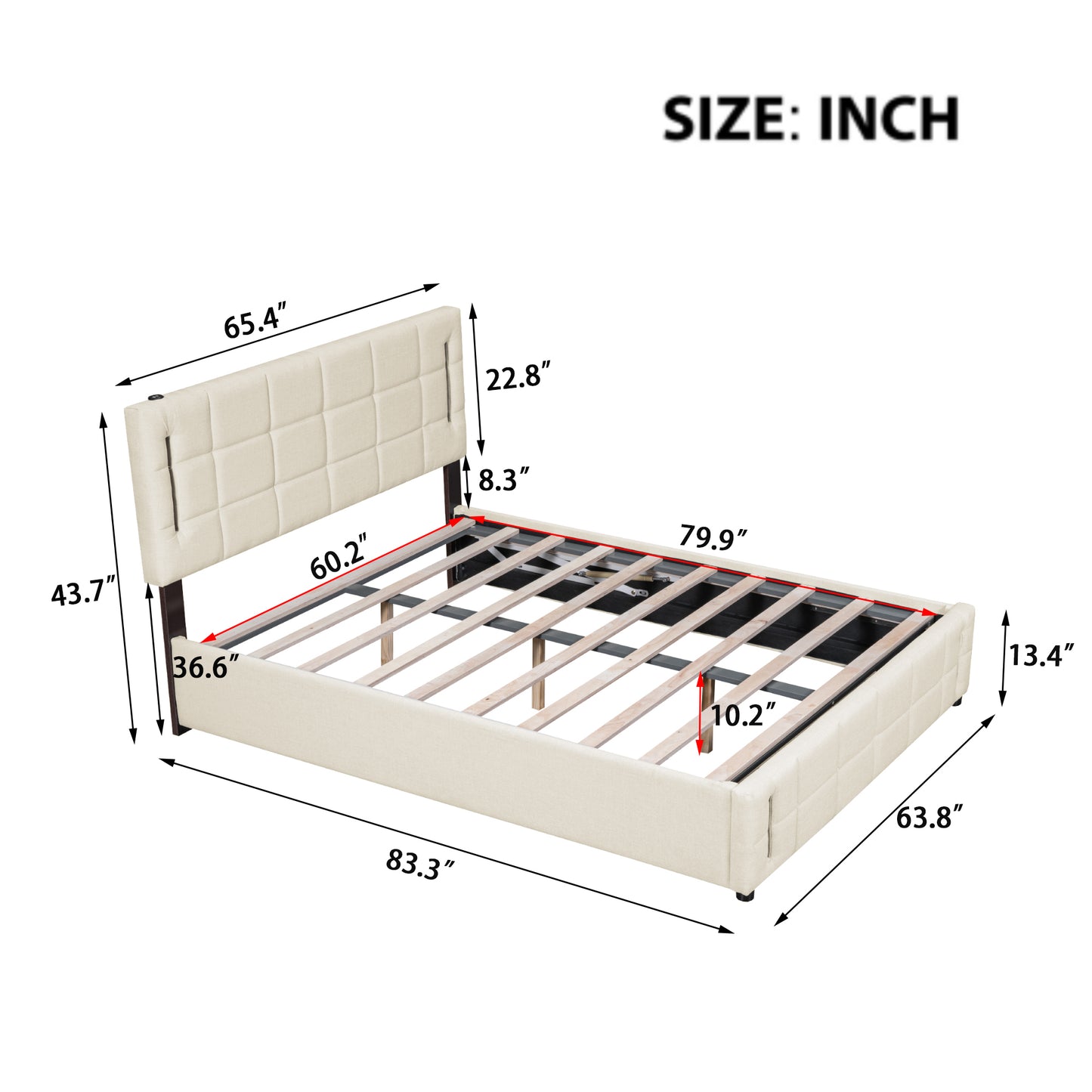 Queen Size Upholstered Bed with Hydraulic Storage System and LED Light, Beige