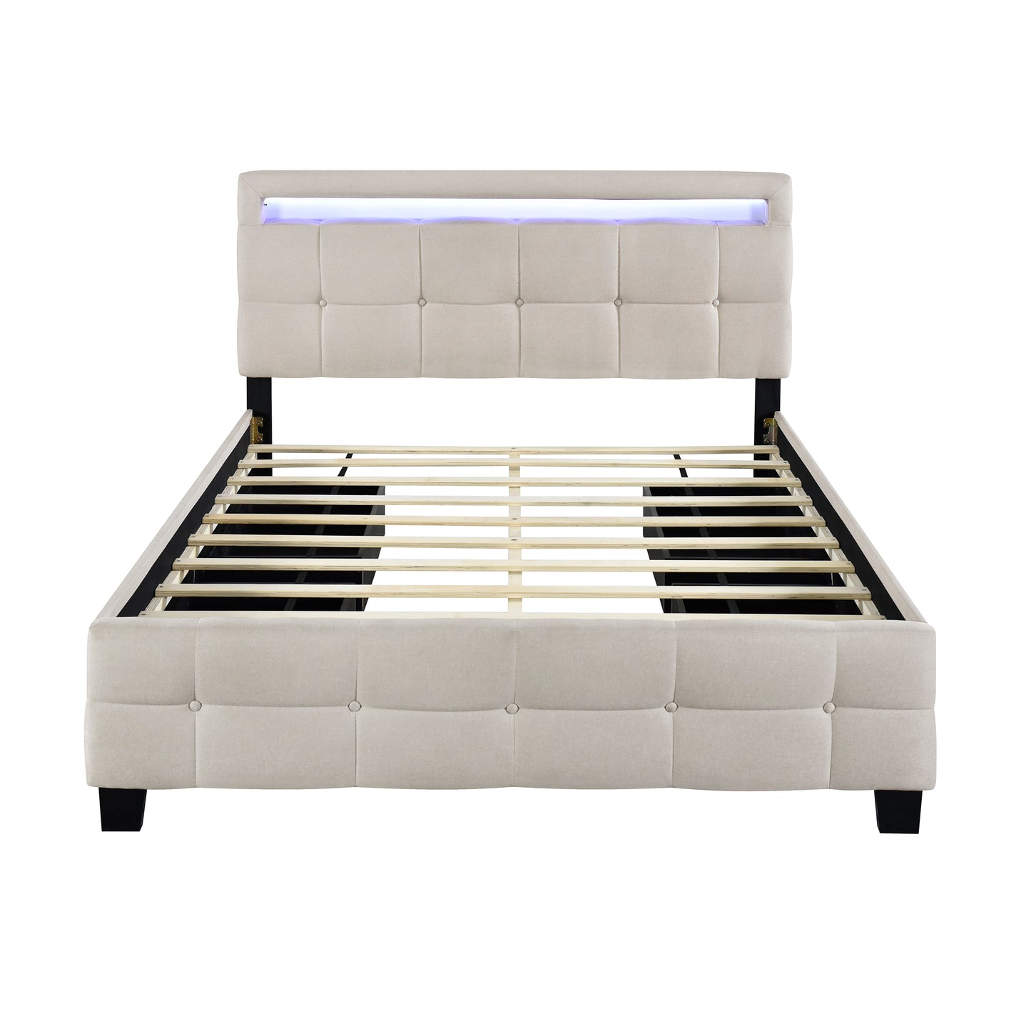 Queen Size Upholstered Platform Bed with LED Frame and 4 Drawers, Linen Fabric, Beige