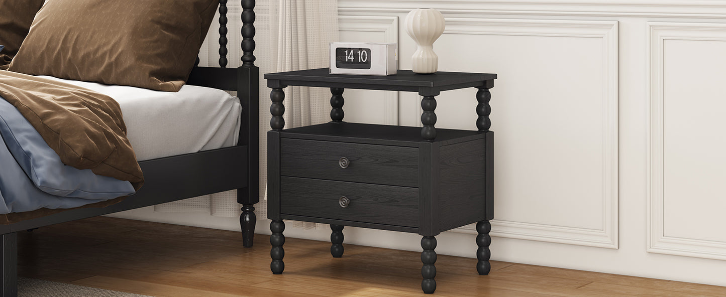 Gourd Shaped Leg 2 Drawer Nightstand, Antique Black