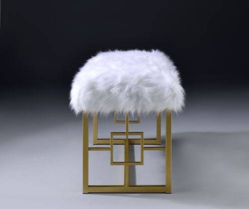 ACME Bagley II Bench in White Faux Fur & Gold 96451