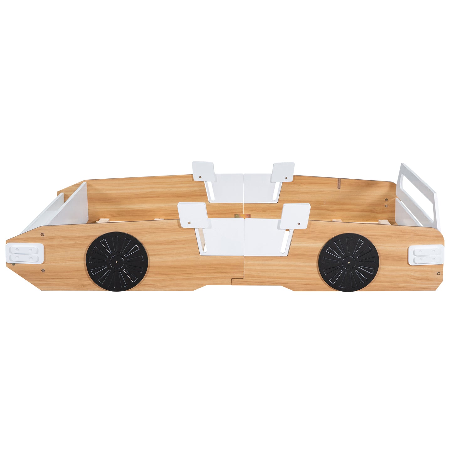 Wood Full Size Racing Car Bed with Door Design and Storage, Natural+White+Black