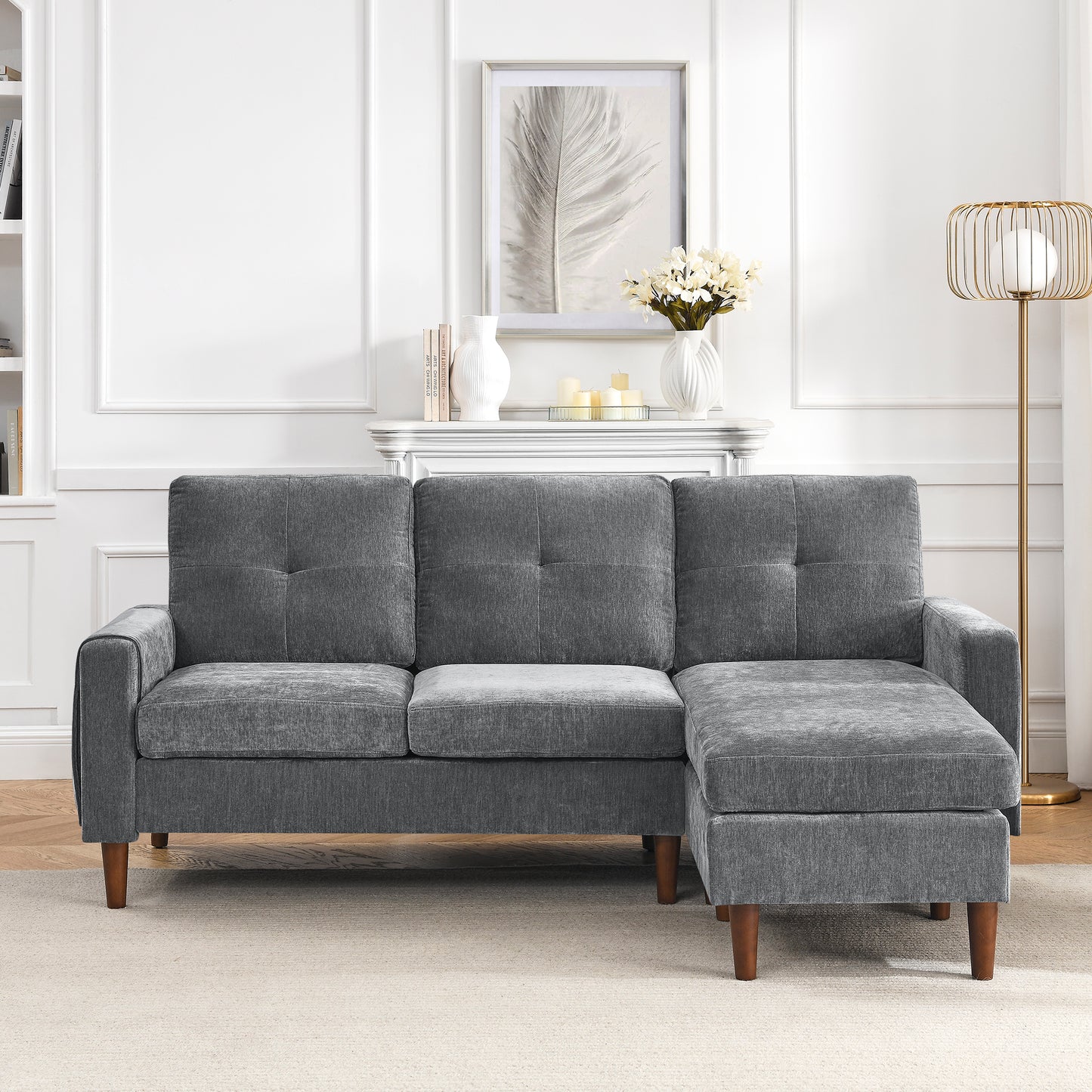 Convertible L-Shape Sectional Sofa with Removable Cushions and Ottoman, Dark Grey Chenille