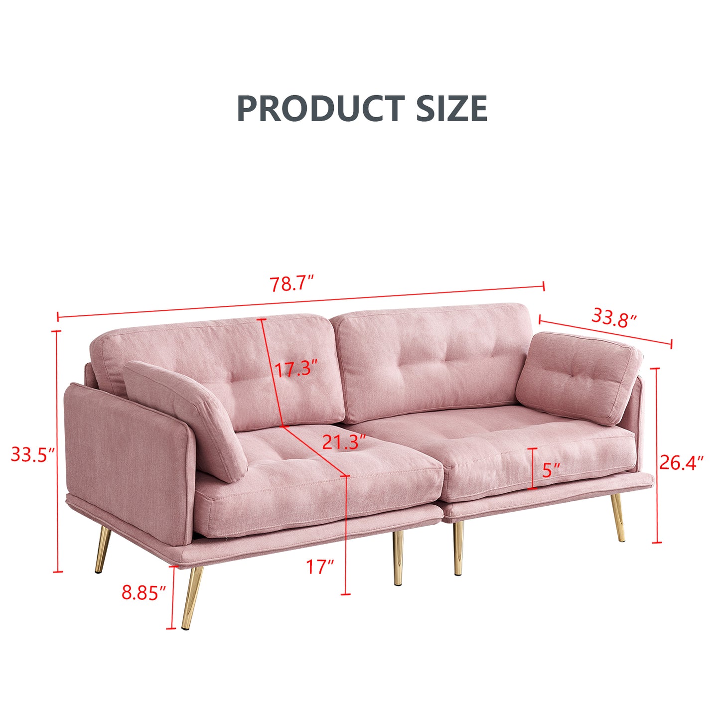 3-Seat Pink Linen Fabric Sofa with Gold Metal Legs