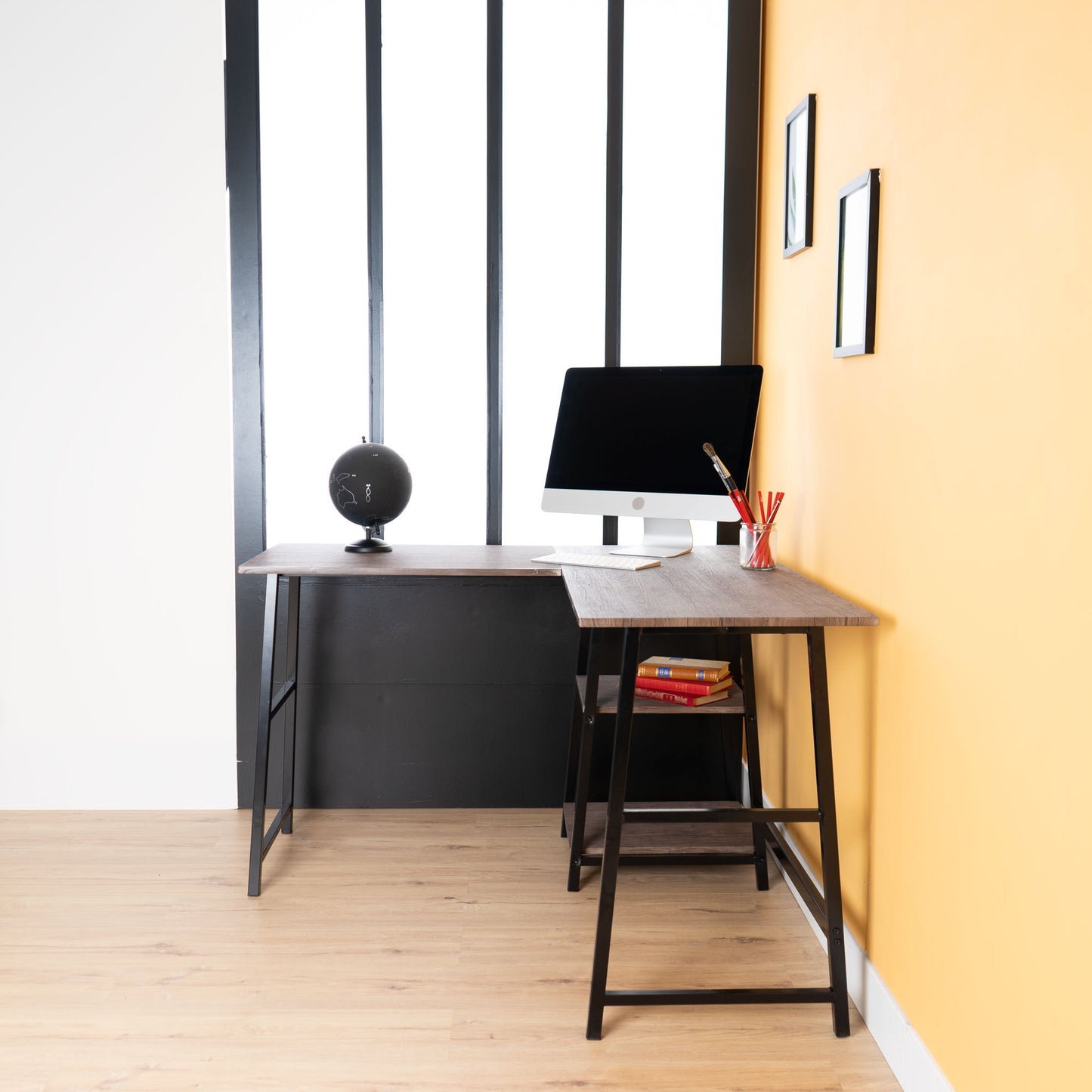 Rustic Vintage Brown L-Shaped Industrial Computer Desk with Open Shelves