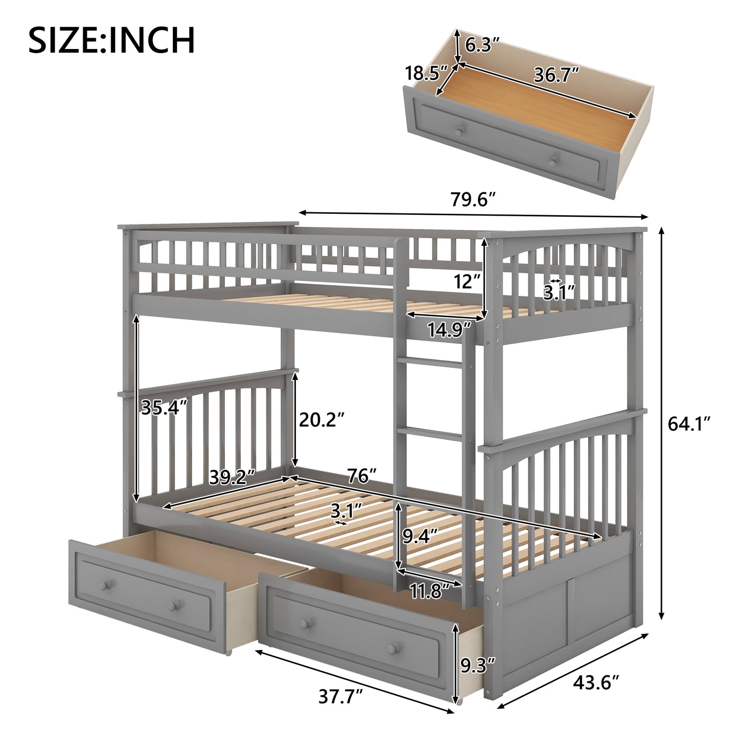 Gray Wood Convertible Bunk Bed with Twin-Over-Twin Beds and Drawers