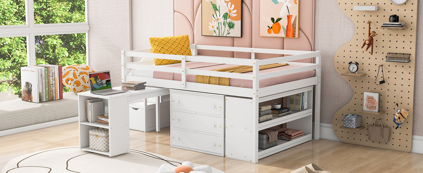 Full Size Loft Bed with Retractable Writing Desk and 3 Drawers, Wooden Loft Bed with Storage Stairs and Shelves, White