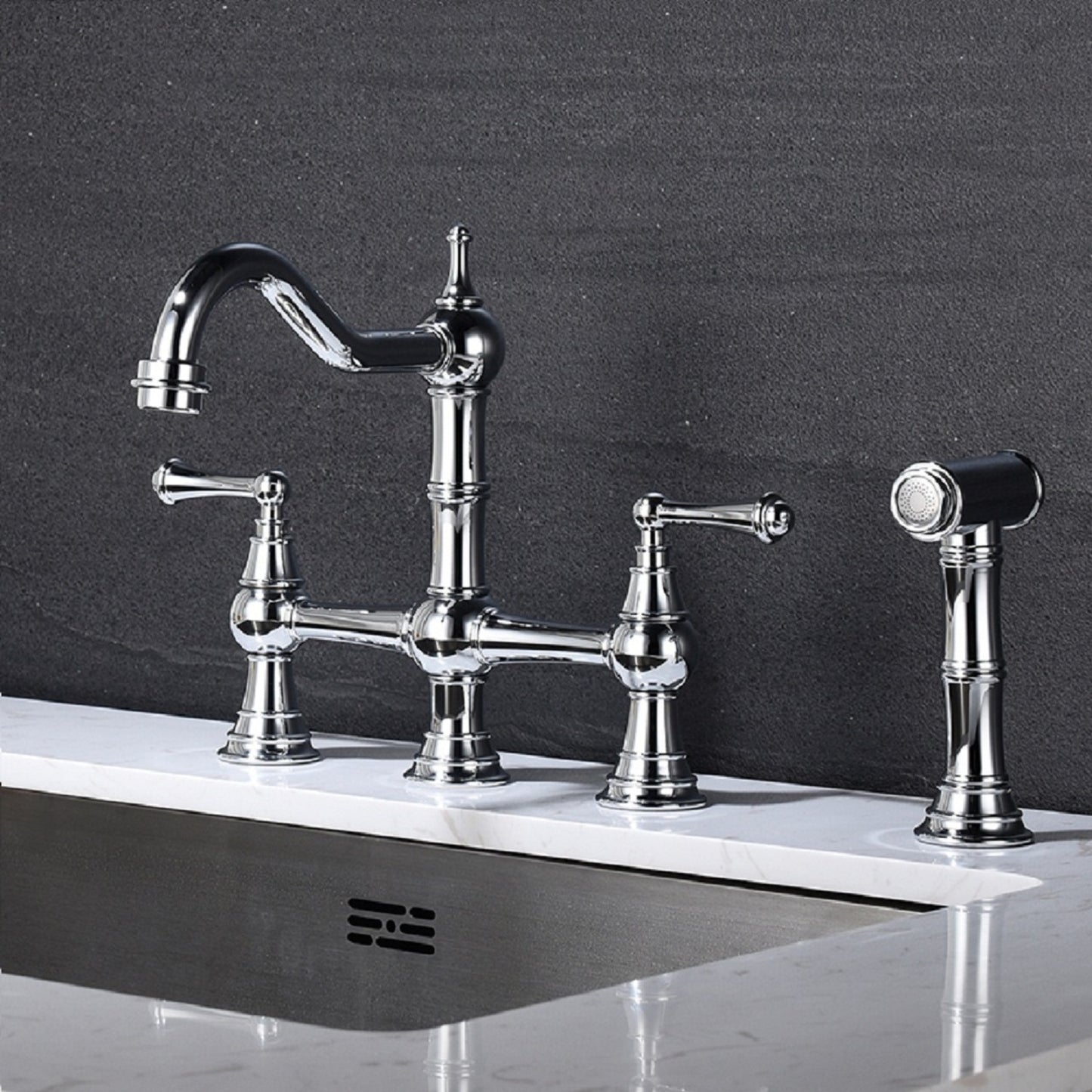 Bridge Dual Handles Kitchen Faucet With Pull-Out Side Spray in