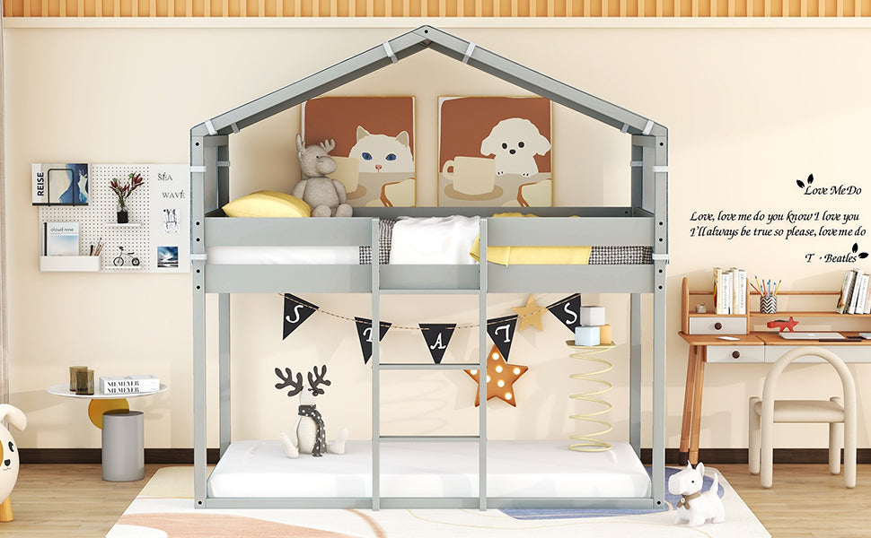 House-Shaped Twin Over Twin Bunk Bed with Tent in Gray Wood