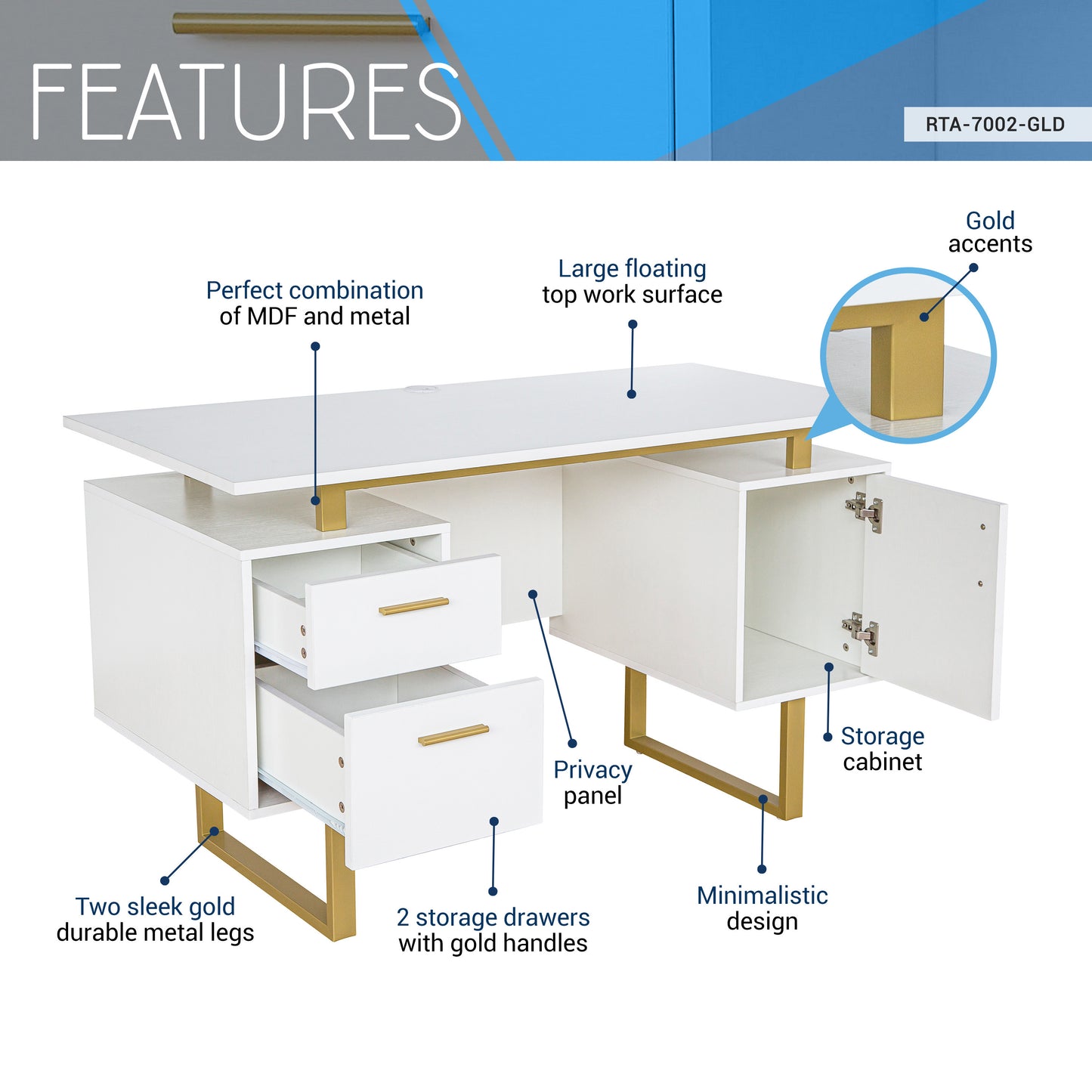 White and Gold Desk with Drawers & Storage, 51.25 Wide