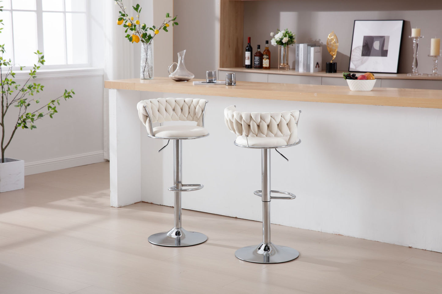 Set of 2  Bar Stools,with Chrome Footrest and Base Swivel Height Adjustable Mechanical Lifting Velvet + Bar Stool-BEIGE