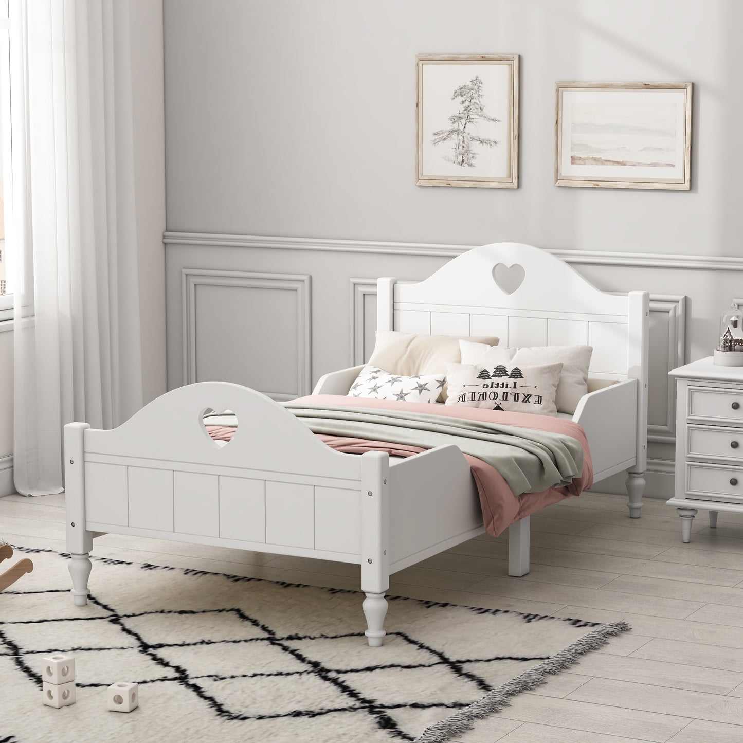 Macaron Twin Size Toddler Bed with Side Safety Rails and Headboard and Footboard,White