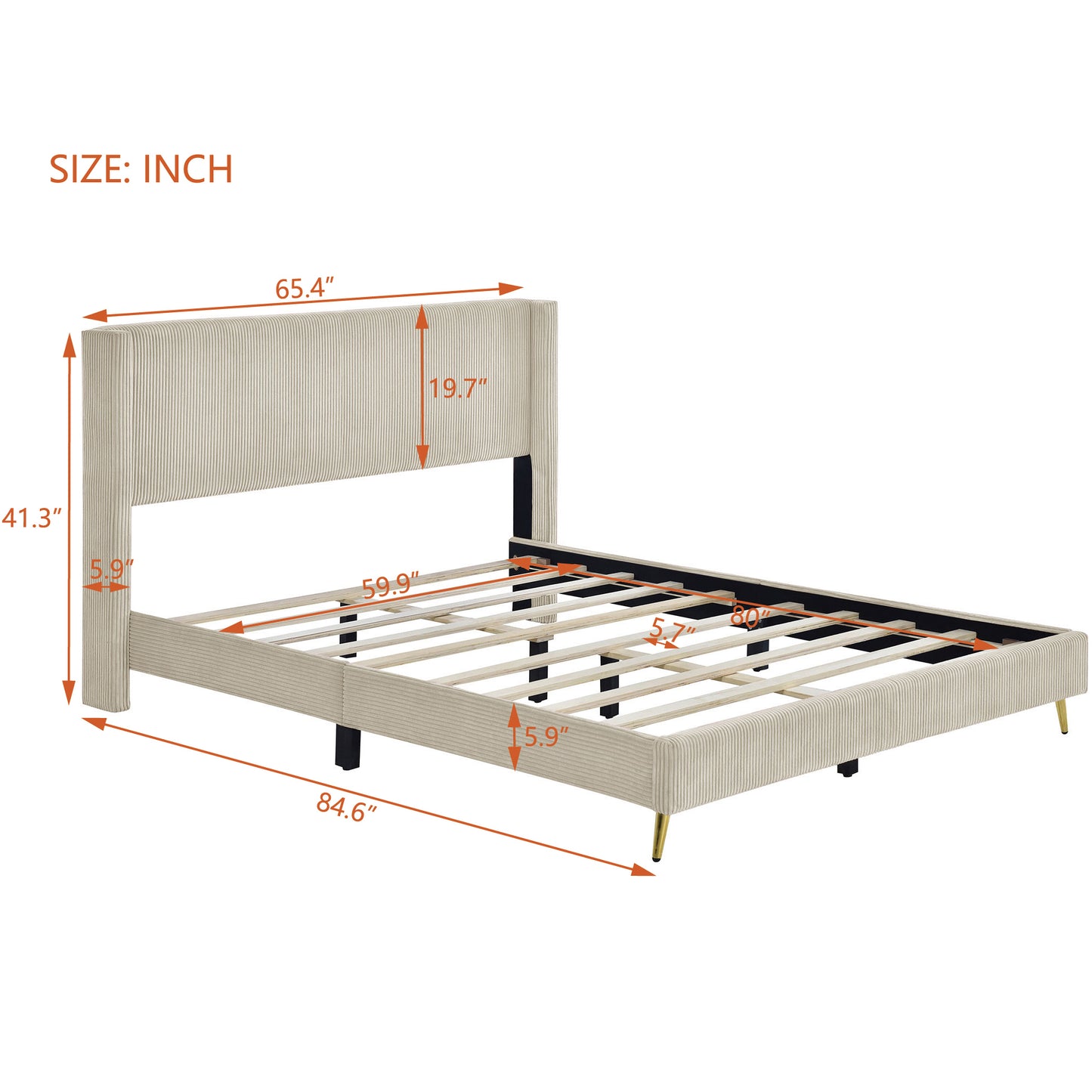 Queen Size Corduroy Platform Bed with Metal Legs, Beige