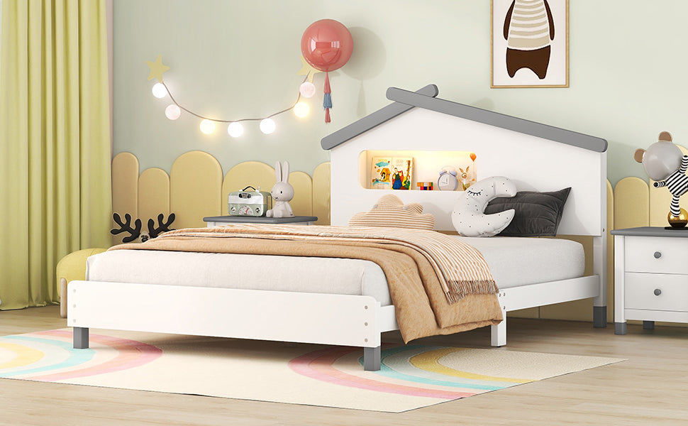 Full Size Wood Platform Bed with House-shaped Headboard and Motion Activated Night Lights (White+Gray)