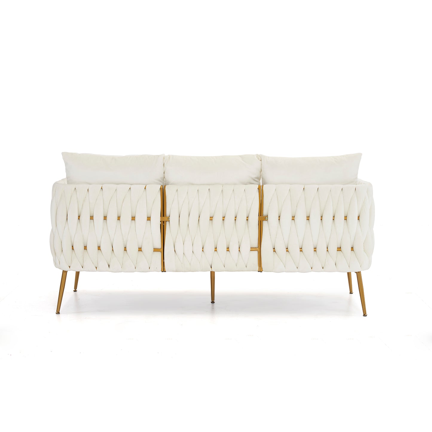 Luxurious 3-Piece Cream White Velvet Living Room Set with Hand-Woven Tufted Back and Golden Metal Legs