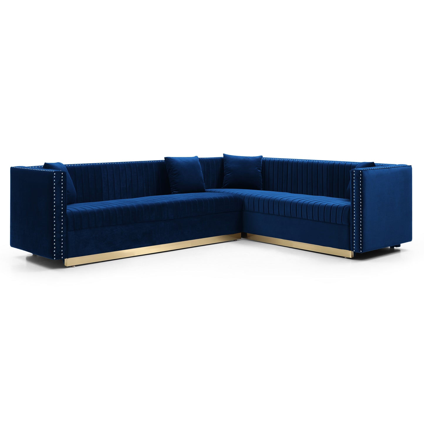 Blue Velvet Sectional Sofa with Channel Tufting and Pillows