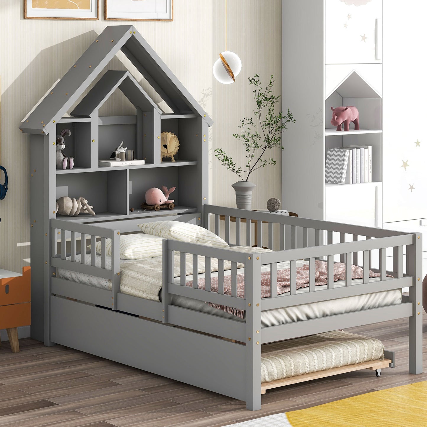 Twin Size House-Shaped Headboard with Fence Guardrails and Trundle ,Grey