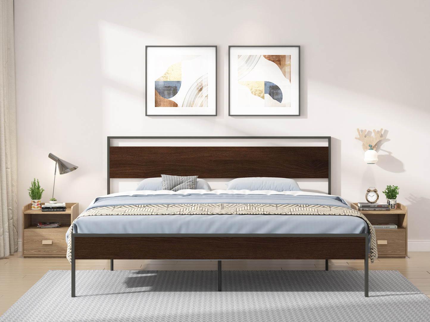 Ceres Metal Bed, Black with Walnut wood Headboard&Footboard, King