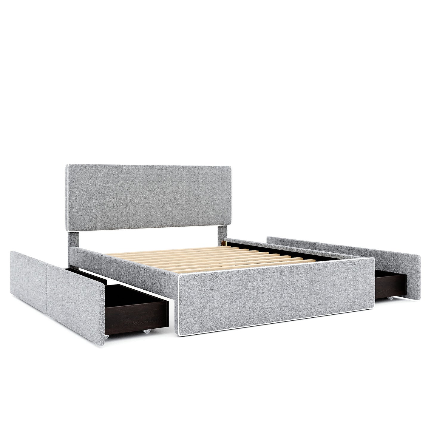 Full Size Upholstered Platform Bed with 4 Drawers and White Edge on the Headboard & Footboard, Gray