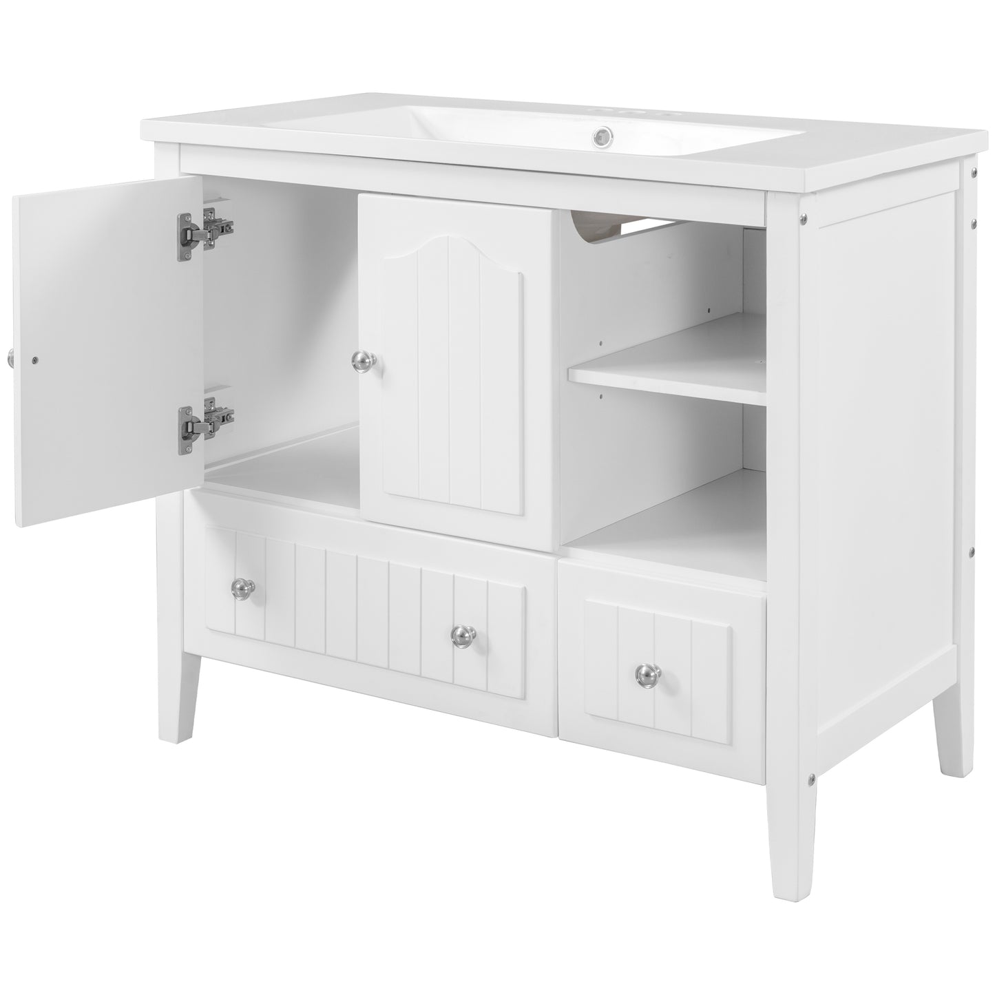 [VIDEO] 36" Bathroom Vanity with Ceramic Basin, Bathroom Storage Cabinet with Two Doors and Drawers, Solid Frame, Metal Handles, White