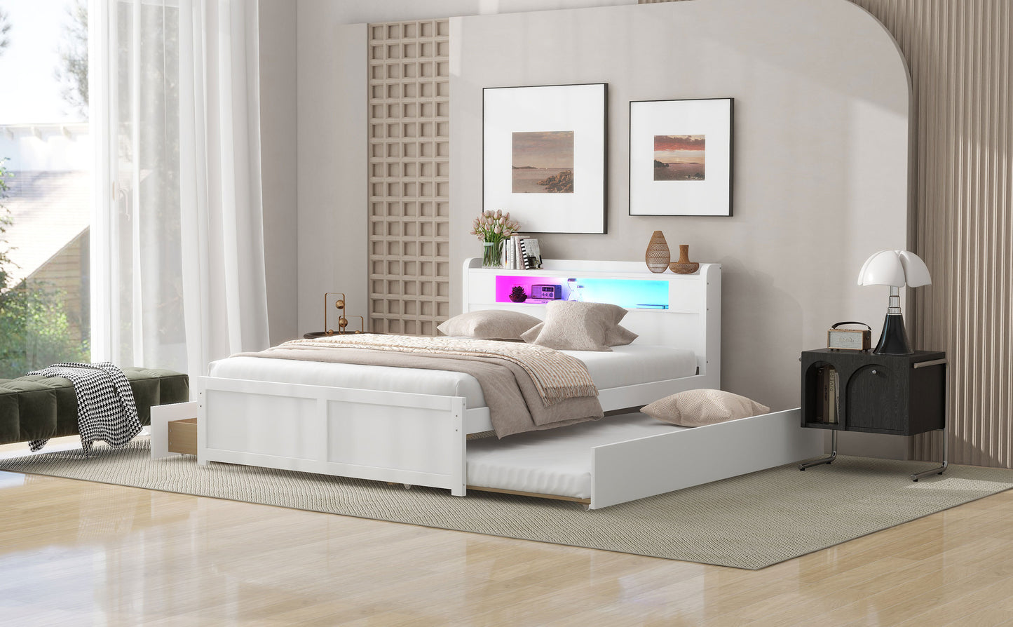 Queen Size Wood Storage Platform Bed with LED, 2 Drawers and 1 Twin Size Trundle, White