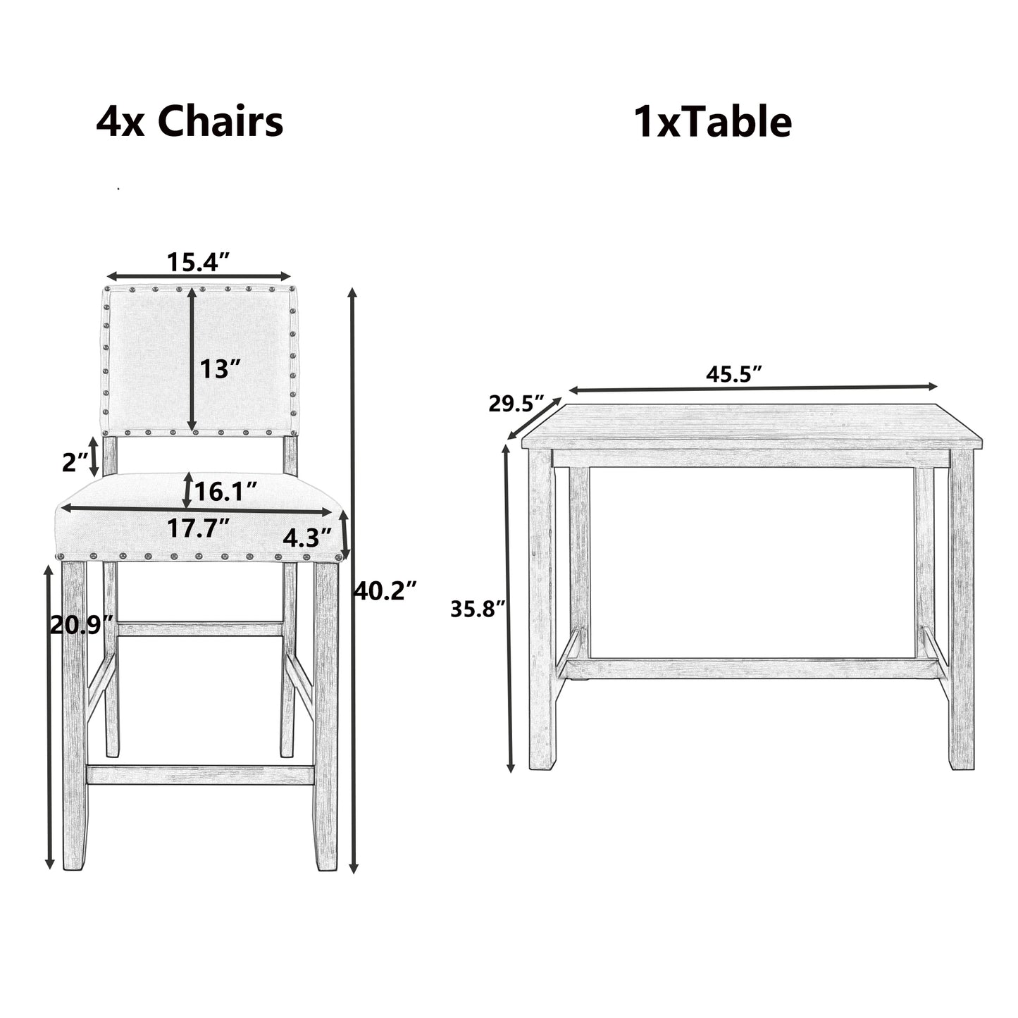 5 Piece Rustic Wooden Counter Height Dining Table Set with 4 Upholstered Chairs for Small Places, Espresso+ Beige