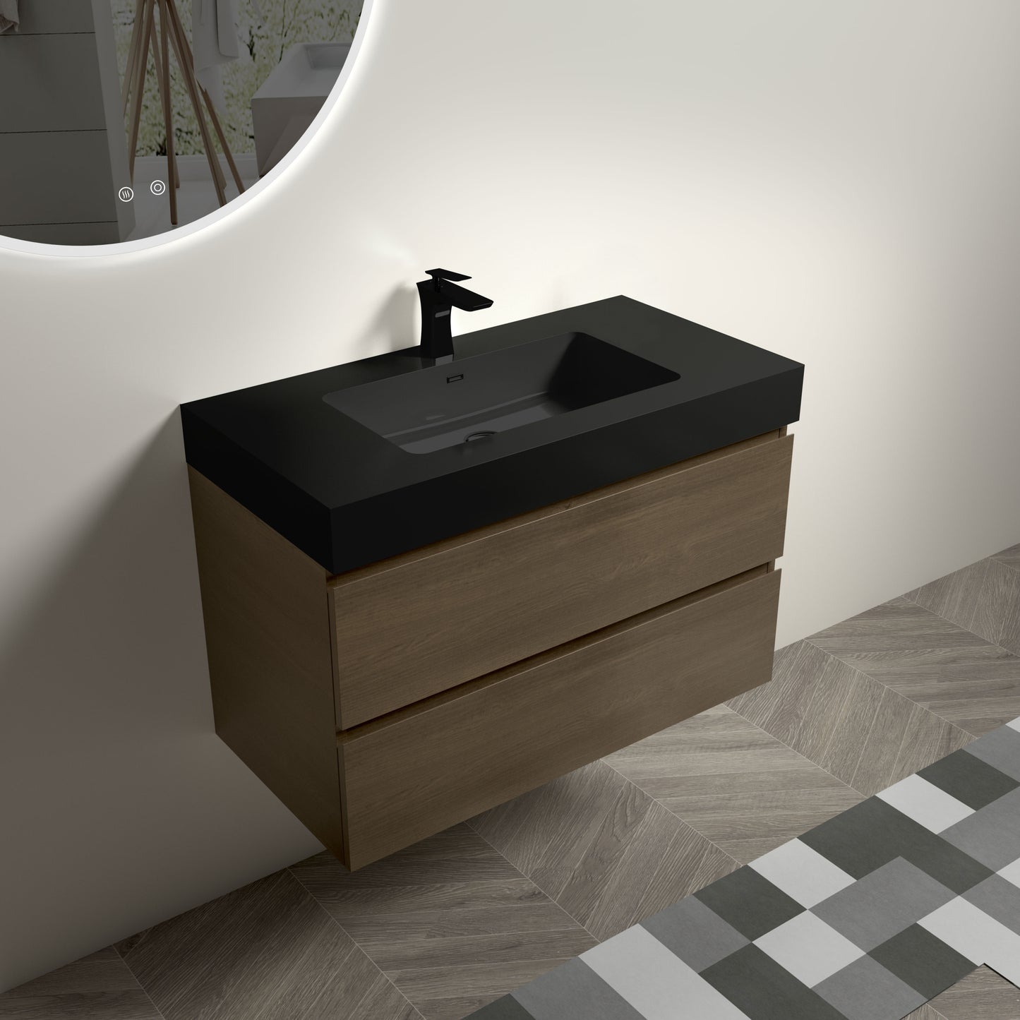 U045-Alice36-111 Alice 36" Dark Oak Bathroom Vanity with Black Sink, Large Storage Wall Mounted Floating Bathroom Vanity for Modern Bathroom, One-Piece Black Sink Basin without Drain and Faucet