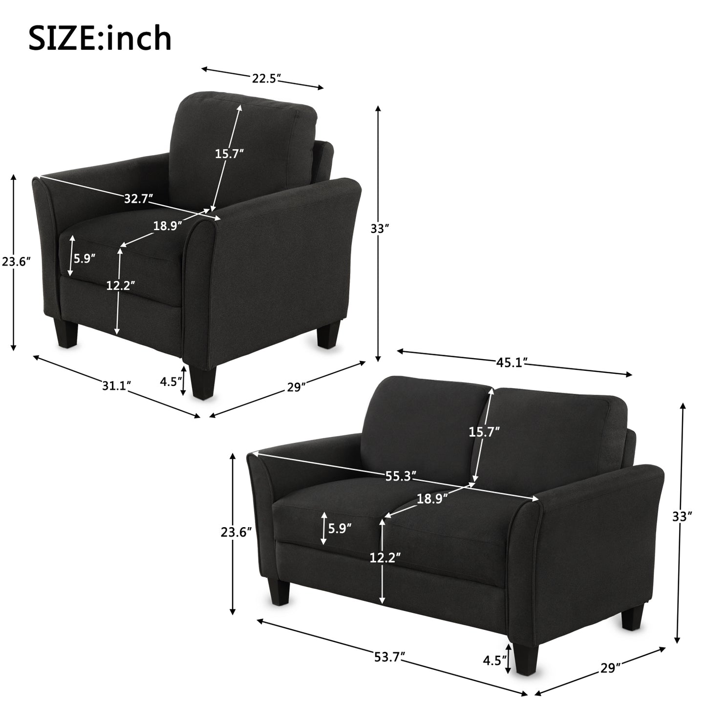 Living Room Furniture Armrest Single chair and Loveseat Sofa (Black)