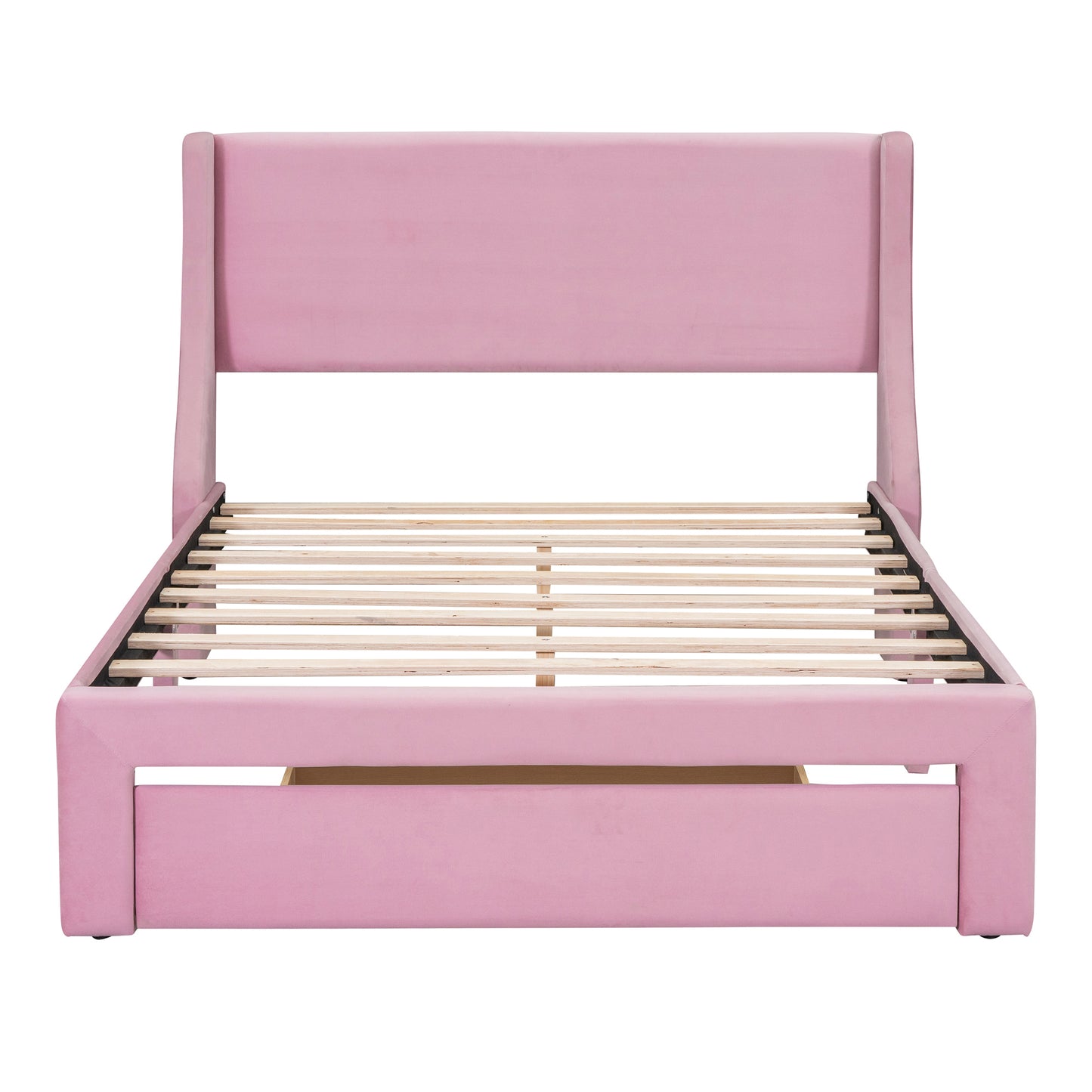 Full Size Storage Bed Velvet Upholstered Platform Bed with a Big Drawer - Pink