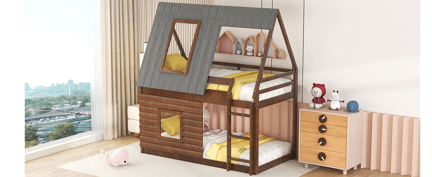 Cozy Rustic Oak and Smoky Grey House Bunk Bed with Roof, Ladder, and Windows for Kids